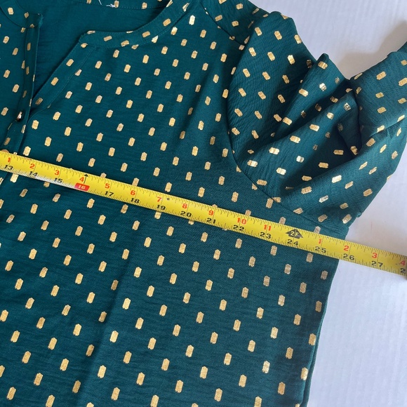 Sz XL Green Gold Glitter Dots Open Split Buttoned V Neck Pullover Blouse - Picture 5 of 8